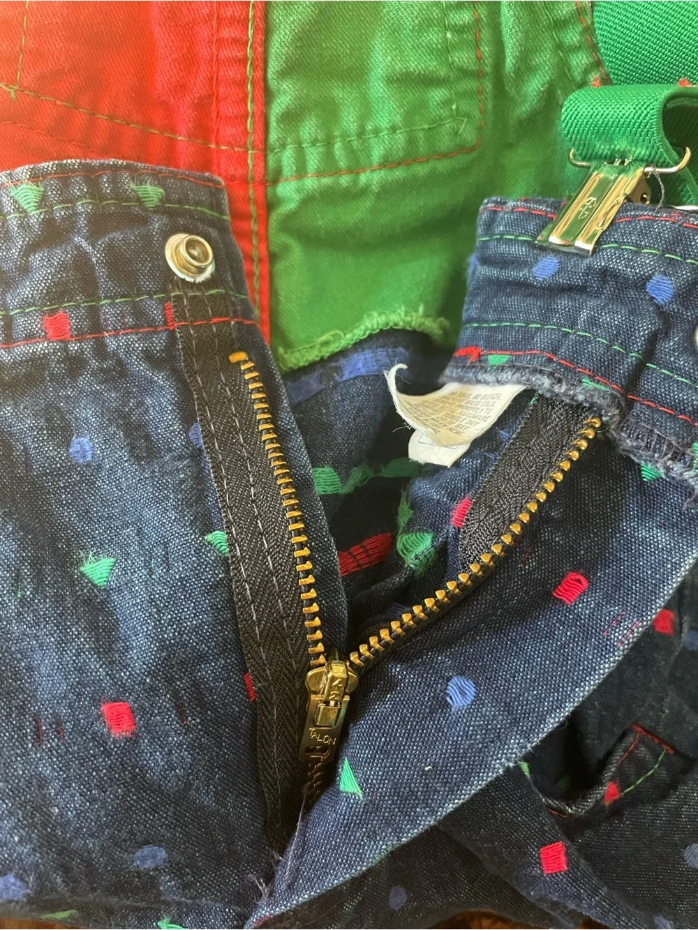 Vtg Baby Oshkosh B’Gosh Colorblock Geometric Denim Overalls Sz 18 Mos Union USA